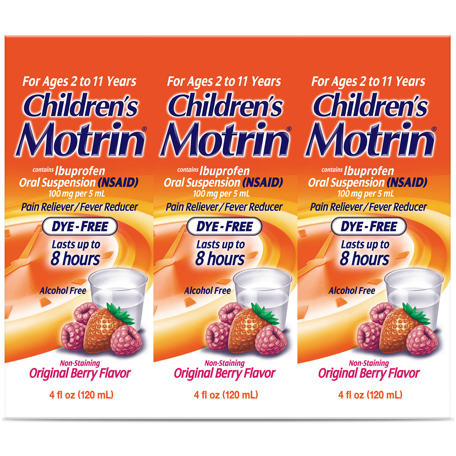 Children's Motrin Pain Reliever/Fever Reducer NSAID, 100 mg Ibuprofen, Original Berry 4 oz., 3 pk.